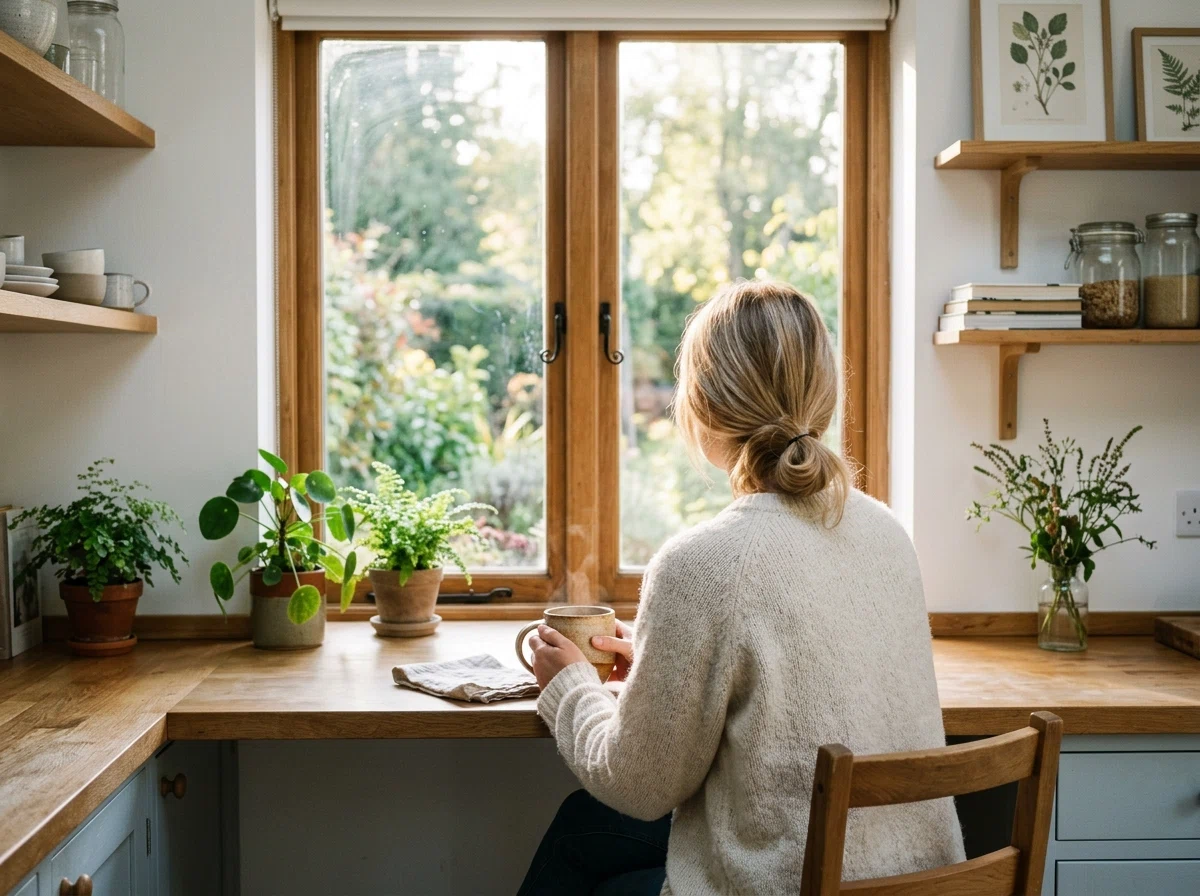 Anonym person med kaffekrus ved vindue om morgenen