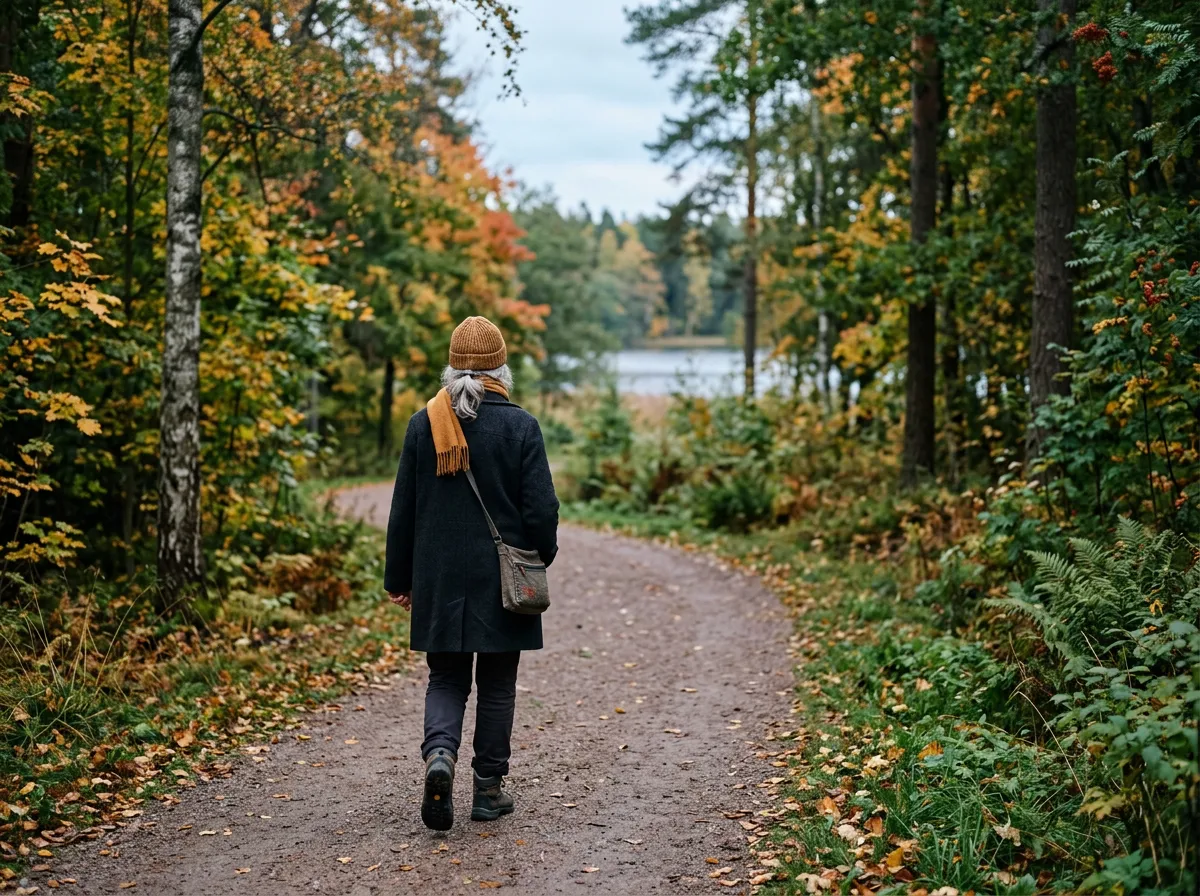 Anonym person på gåtur i grøn nordisk park
